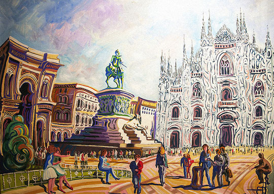 PLAZA DEL DUOMO (MILAN). Oleo sobre lienzo. 81 x 100 x 3,5 cm.