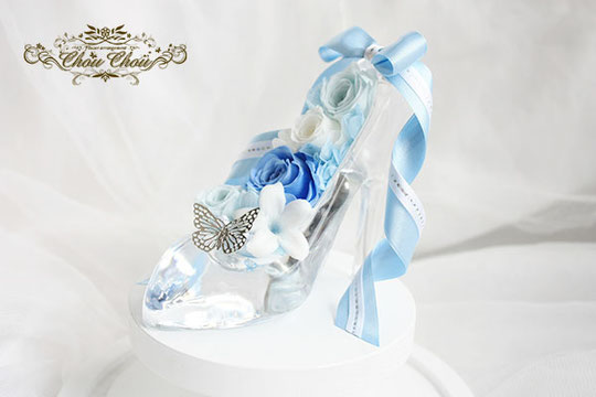 結婚祝い　プリザーブドフラワー　ガラスの靴　オルゴール　ガラスドーム　刻印　オーダーフラワー  シュシュ chouchou