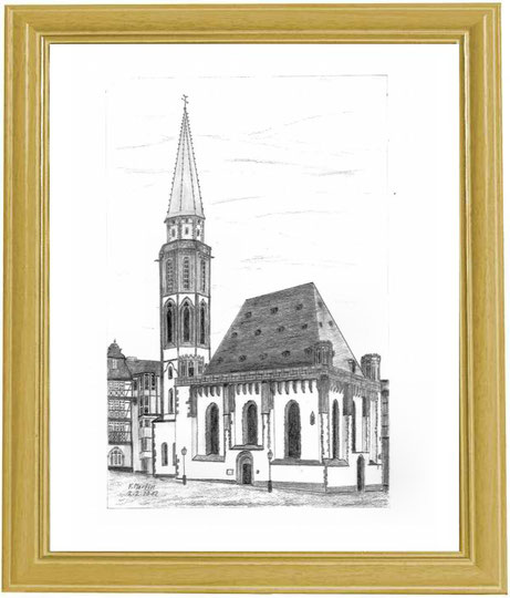 Alte Nikolaikirche in Frankfurt am Main  Bleistiftzeichnung  30 x 42 cm