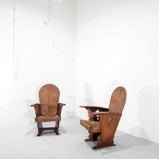 Amsterdamse School, Pair of Unique Wicker and Massive Oak Armchairs, 1910-20s