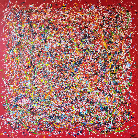 Titel: Keeping up appearances, the chaos inside, reprise. 100 x 100 cm, acryl op linnen. februari 2021. Prijs € 850,-.