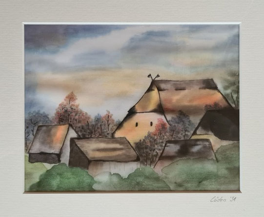 Seidenmalerei Landschaft Häuser Kunst Heike Lüders