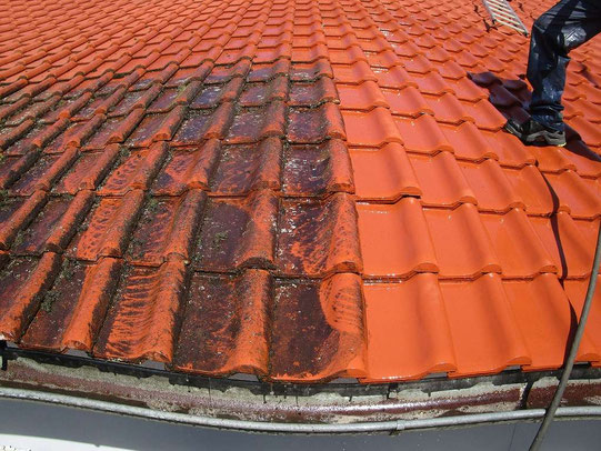 Foto eines Reinigungsvergleichs eines Daches. Links die Ansicht des verdrecktem Dachteils, rechts die gereinigte Ansicht.