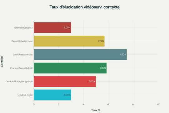 Taux d'élucidation des affaires grâce à la vidéosurveillance selon différentes études