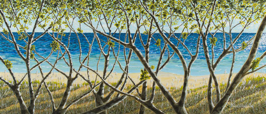 Acrylic painting of ocean seen through myrtle branches - "Myrtle View"