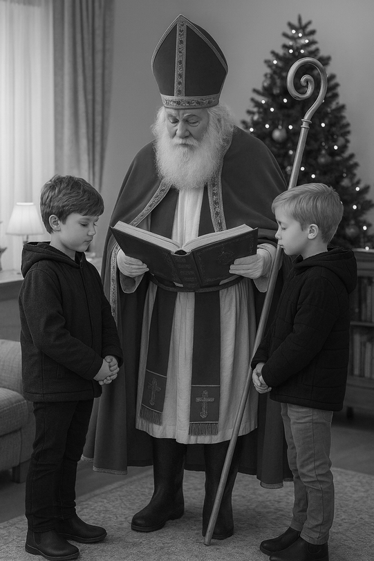 KI themengeneriertes Bild: Der Nikolaus und die braven Kinder