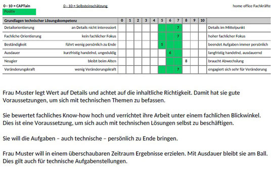 Beispiel für ein Auswertungsmodul des CAPTain::compact® home office; hier die Grundlagen technischer Lösungskompetenz: Inwieweit ist eine Person aufgrund ihres Arbeitsstils gut in der Lage, im Home-Office technische Themen eigenständig zu erledigen?