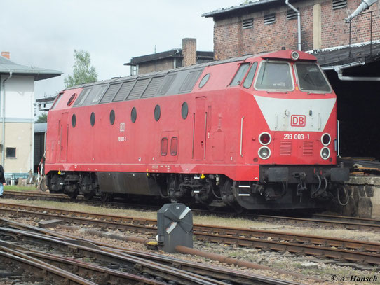 Am 15. September 2012 steht 219 003-1 an der Besandungsanlage des SEM Chemnitz