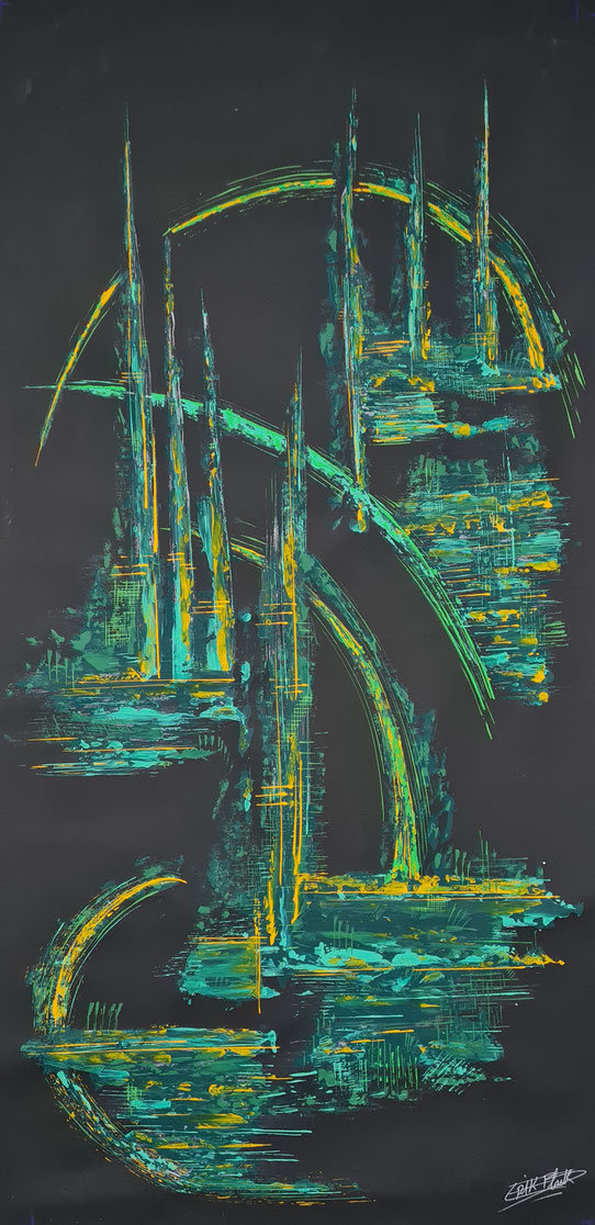 Suspension - Eric Delahaye - acrylique au couteau sur toile - 60x130 cm - série Vibrations - 2024