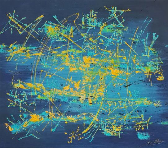 Energie en suspend - Eric Delahaye - acrylique sur toile - 70x80 cm - série Effusion - 2025