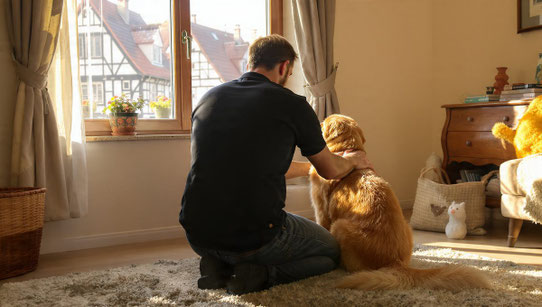 Mobiler Tierheilpraktiker bei Hausbesuch in Quedlinburg untersucht Hund im Wohnzimmer