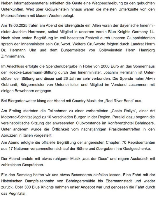 Blue Knights® Germany XIV Mittelfranken e.V.  Polizei-Motorradtouren-Club, Fränkische Schweiz, Bayerisches Staatsministerium, Innenminister Joachim Herrmann, Blue Knights 14 Mitglied Innenminister Joachim Herrmann, Umsetzung: Peter Dorsch Bayreuth "Grisu"