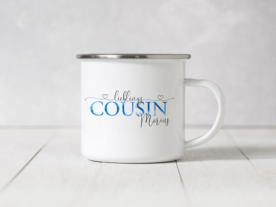 Emaillebecher mit silbernem Rand Geschenk Cousin personalisiert