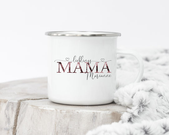 Emaillebecher mit silbernem Rand Geschenk Mama personalisiert