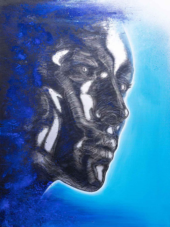 KI-RA, originales Urban Art Gemälde von Alltich, futuristisches Frauenporträt zwischen Weiblichkeit und künstlicher Intelligenz, Mixed Media mit Sprühlack, Acryl und Pigment auf Leinwand