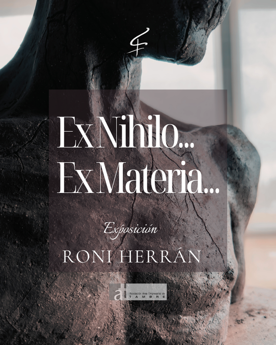 Imagen conceptual de la exposición Ex Nihilo… Ex Materia… creada por Roni Herrán, con una escultura en primer plano.