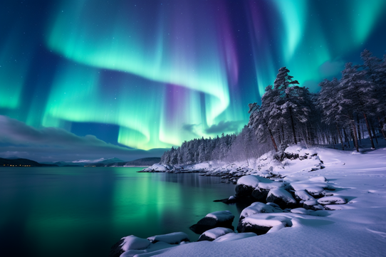 Green northern lights glowing above a frozen lake and snowy forest in Finnish Lapland.