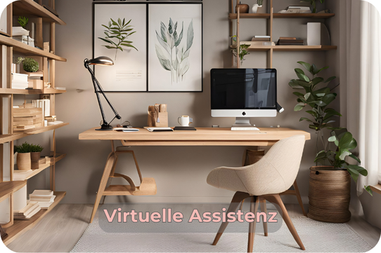 Modernes, aufgeräumtes Homeoffice mit Holzschreibtisch, iMac, Schreibtischlampe und Pflanzen. Auf dem Bild steht der Schriftzug „Virtuelle Assistenz“.