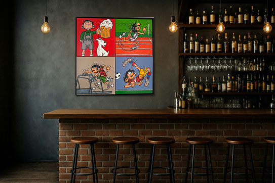 Zweite Bar-Location mit dem gerahmten Werk SPORTSBAR. Die 4-teilige Serie unterstreicht das moderne, urbane Ambiente der Bar.