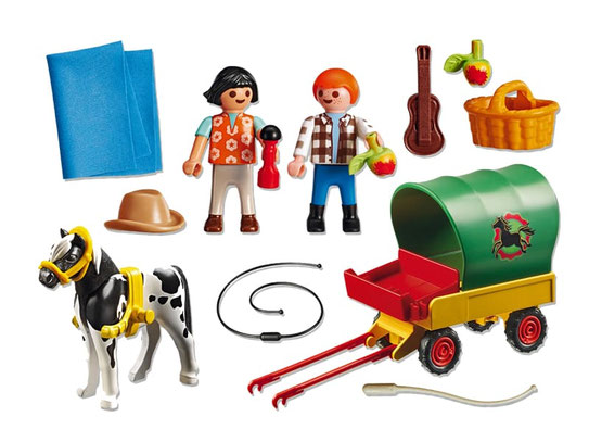 Im Paket Playmobil 6948 ist enthalten ein Ponywagen Figur Junge, Mädchen, Pony und diverses Zubehör wie Picknickkorb und Verpflegung.