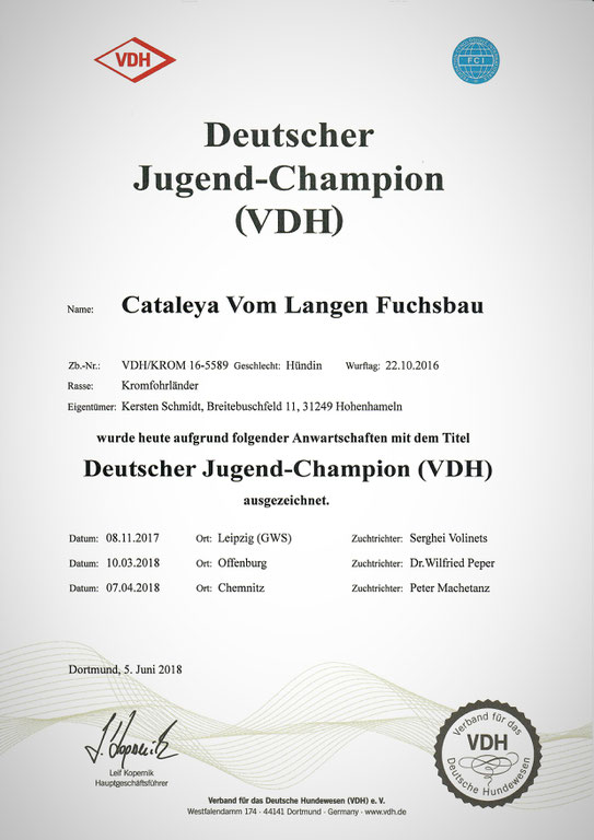 Cataleyas Urkunde des VDH für den Deutschen Jugend-Champion