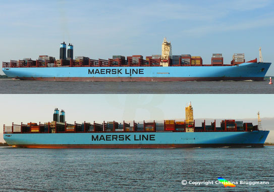Seitenansichten Maersk Tripple-E-Klasse der 1. und 2. Generation. Deutlich zu erkennen die Veränderungen der Lage von Aufbau und Schornstein