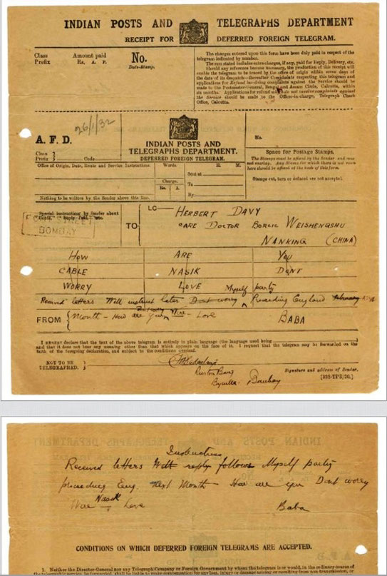Telegram from Meher Baba to Herbert Davy - 26th Jan. 1932