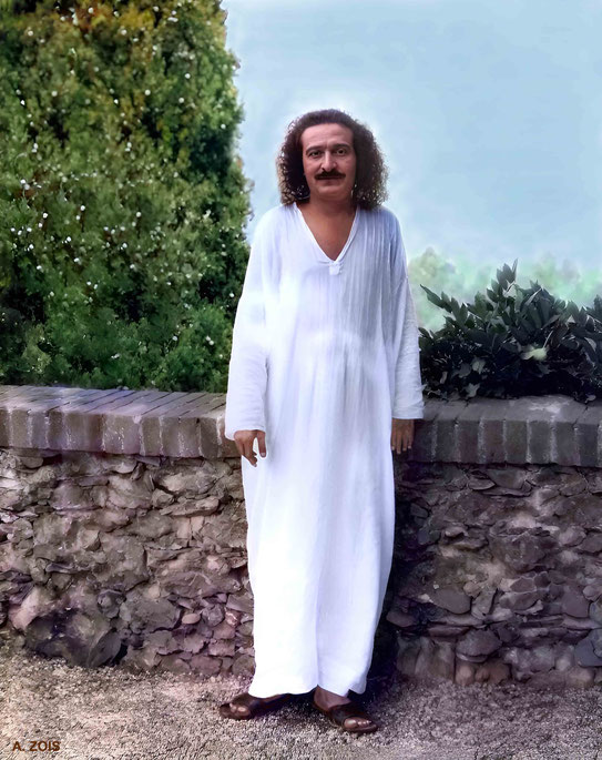   August 1933 ; Baba at Villa Altachiara, Portofino, Italy. Image rendition by Anthony Zois. The photo was likely taken by Elizabeth Patterson.