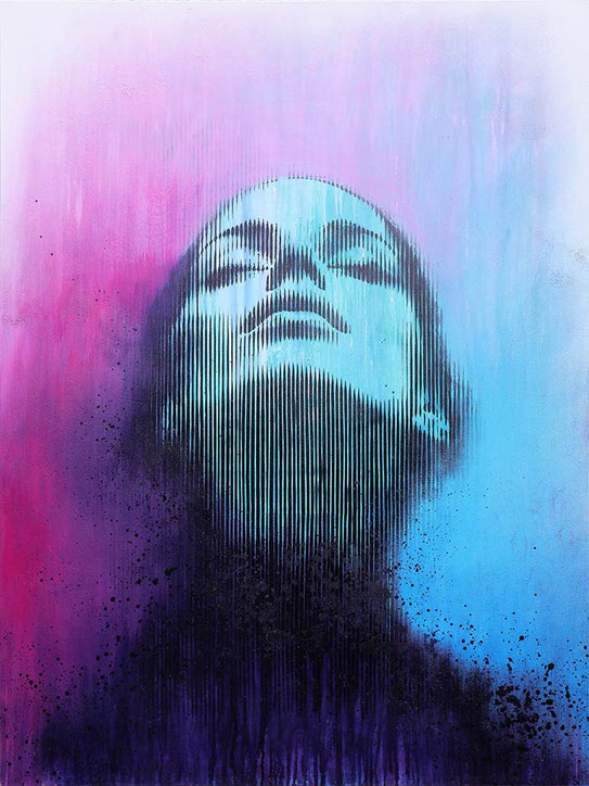 COLORFUL PASSION, originales Urban Art Gemälde von Alltich, expressive Frauenfigur in Pink, Violett und Blau, Mixed Media mit Sprühlack und Acryl auf Leinwand