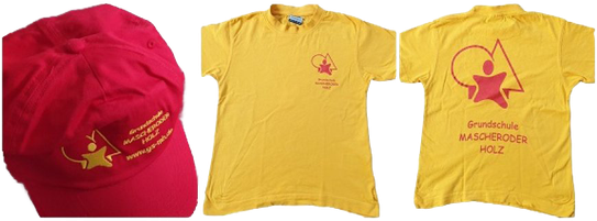 Foto gelbes T-Shirt mit rotem Schullogo auf Vor- und Rückseite aufgedruckt, rote Kappe mit gelben Schullogo gestickt
