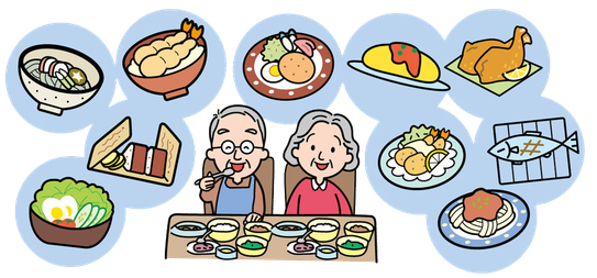 元気ハツラツ老夫婦の食事風景と必要栄養素のイラスト