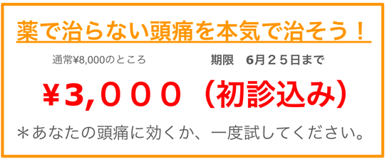 薬で治らない頭痛を本気で治そう！¥8000のところ4月28日まで¥2500でお試しいただけます。あなたの頭痛に効くか、一度試してください。