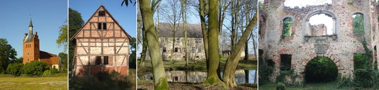 Kirche im Ortskern - alter Kornspeicher - das alte Schloss des Adelssitzes - Ruine des neuen Schlosses