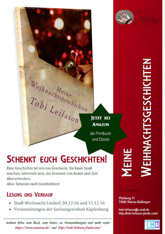 Plakat "Schenkt euch Geschichten" mit Cover des Buches "Meine Weihnachtsgeschichten", Informationen zum Inhalt, zu Lesungen und Kontaktdaten