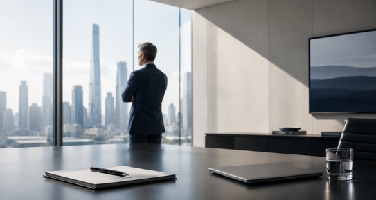 Senior executive reviewing confidential recruitment documents while a manager walks through a modern corporate office in the background, illustrating retained executive search and leadership hiring.