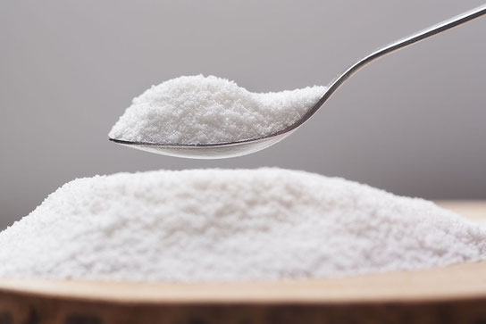 Löffel mit weißem Süßstoff in Pulverform