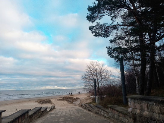 Jurmala beach and sea with stone steps in foreground