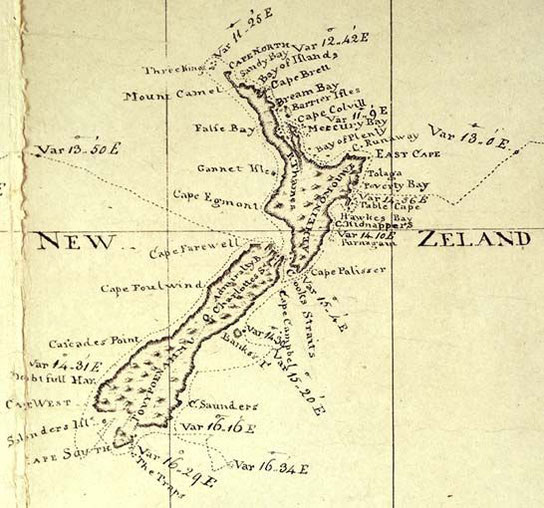 Karte von Neuseeland mit der Route von Cooks Endevour (Quelle: www.captcook-ne.co.uk)