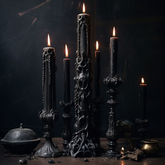 eine Gruppe von schwarzen Kerzen und vielen anderen Objekten, im Stil von detailliert und makaber, aufwändige Detaillierung, Tabletop-Fotografie, unheimliche Landschaften, skulptural, barock inspirierte Ornamentik, gothic romantic, schwarz interior design