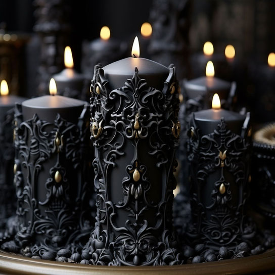 Schwarze Gothic-Kerzen auf einem Tisch mit Kerzenhaltern, im Stil von aufwendig geformten, dunkelgrauen und goldenen, fotorealistischen Pastiches, repetitiv, verspielt kompliziert, expansiv