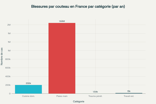 Répartition des différents types de blessures liées aux couteaux en France par an
