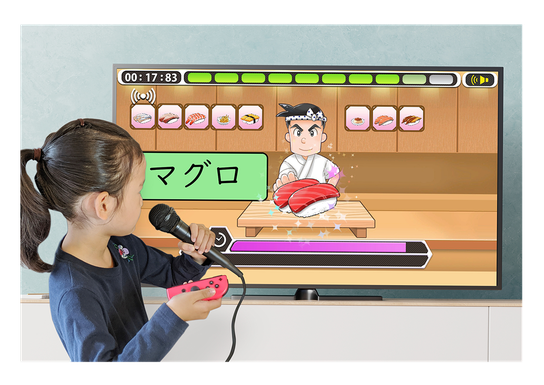 テレビに接続し出題される文字を音声で答えます。
