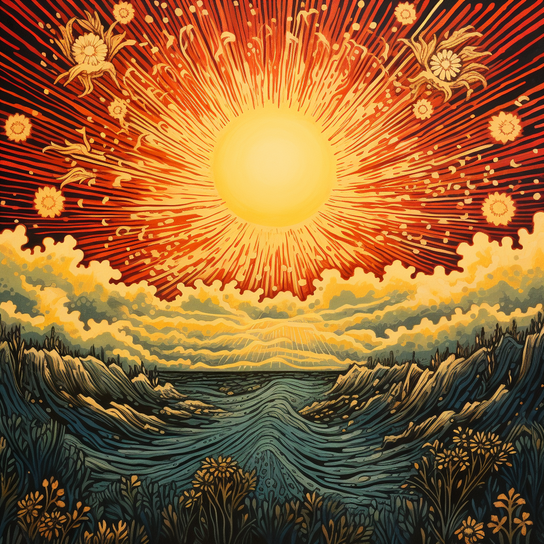 ein Gemälde der in den Himmel aufgehenden Sonne, im Stil einer psychedelischen Illustration, hyperdetaillierter Illustrationen, Prairiecore, Tumblewave, Himalaya-Kunst, kräftiger Lithografie, sehr detailliert