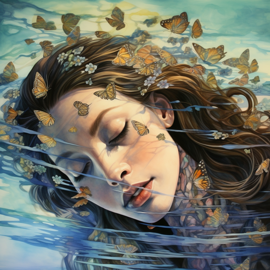 Frau schwebt über einem Fluss, um sie herum fliegen Schmetterlinge, im Stil des Porträtrealismus, überdetaillierte, wirbelnde Wirbel, heitere Gesichter, Airbrush, dargestellte gefangene Gefühle, polierte Metamorphose
