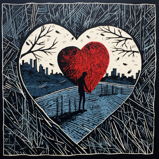 Linocut Illustrationeiner Person, die ein großes rotes Herz hält durch einen Stadtpark im Herbst läuft, Stadtlandschaft, dunkles Himmelblau und Rot, Liebe und Romantik, schraffierte Schattierung
