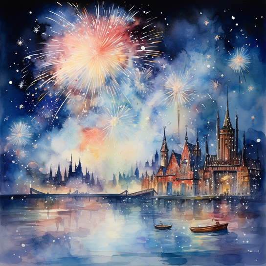 Aquarell-Doodle-Illustration einer Neujahrsfeier im traditionellen Stil in einem alten tschechischen Schloss mit Feuerwerk in der Nacht, im Stil romantischer Flusslandschaften, impressionistischer Stadtlandschaften, dunkles Aquamarin und Karmesinrot