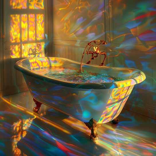 Alte Badewanne in bunten Lichtreflexemit Blick auf seitliche Fenster, im Stil eines kinetischen Lichtkünstlers, fotorealistische Fantasien, glitzernde Wasserspiegelungen, Rokoko-Laune, Spiel mit Licht und Schatten, inszenierte Fotografie, wirbelnde Wirbel