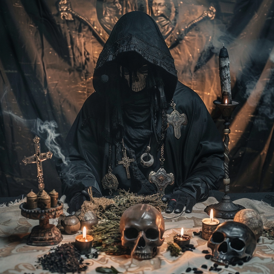 Ein Mann mit totenmaske und einem schwarzen kapuzenumhang sitzt an einem Tisch mit kerzen kräuter und totenköpfe, im hintergrund hängt ein schwarzes tuch, er praktiziert schwarze magie
