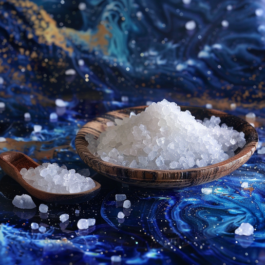 in einer Holzschale ist Salz daneben liegt ein Holzlöffel ebenfals gefüllt mit Salz auf einer blauen Marmor oberfläche
