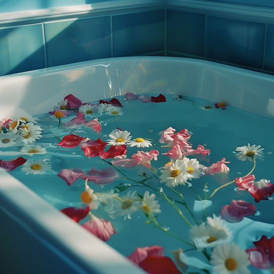 Rosenblätter in einer Badewanne und blaues wasser darin, blaue fliessen am Rand, Licht und Schatten